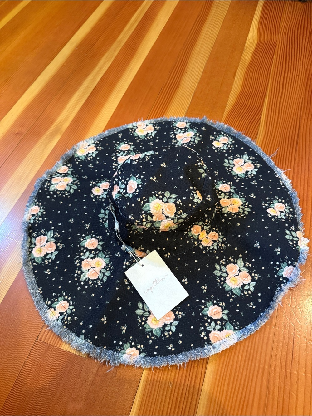 Anthropologie Black Floral Wide-Brim Sun Hat